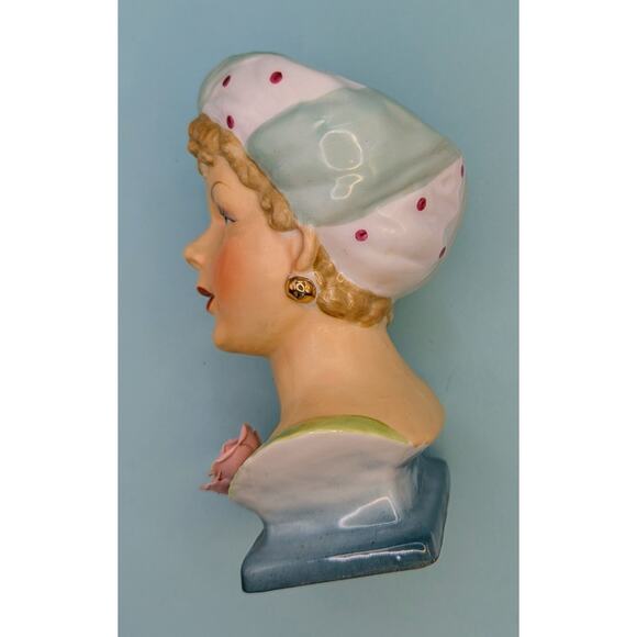 Lady Head vase Ucagco Ceramics Hand Painted Turban Rose Stamped Japan Blue Green - Picture 3 of 8